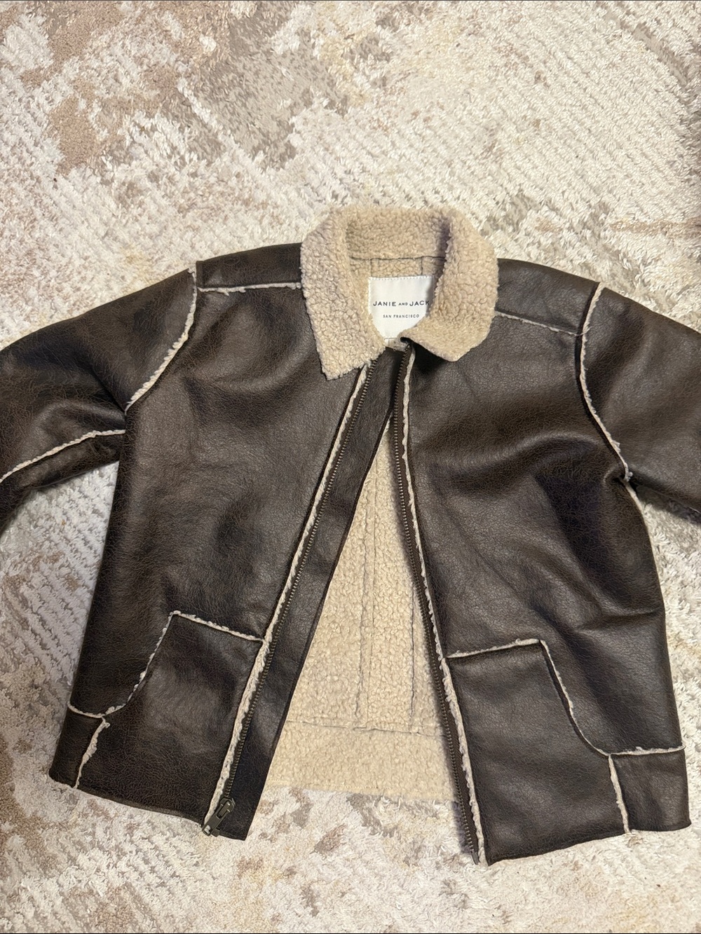 Kids Janie and Jack Dark Brown Faux Leather Shearling Jacket with Cream Trim